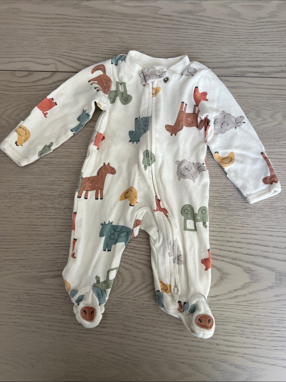 Baby Animal Footed One-Piece - White with Multicolor Animals